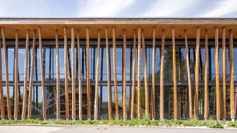 Die Südfassade des Nawareum mit freistehenden Holzstämmen als Gestaltungselement.