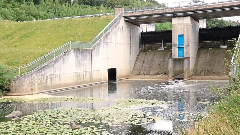 Das Wehr, welches den Drachensee vom Chamb trennt, reduzierte durch einen technischen Fehler den Wasserzulauf für den darunterliegende Fluss. Dieses Bild entstand am Wochenende, als der Wasserstand bereits wieder höher war. Erkennbar ist aber noch die Schaumbildung.