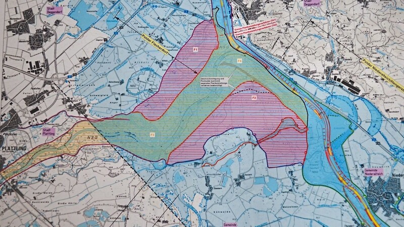 Die im Plan schraffierten Flächen zeigen das Gebiet, das durch die Projektstelle Isarmündung betreut werden soll.