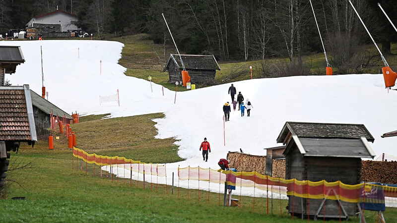 Vielerorts geht es - wenn überhaupt - nur noch mit künstlicher Beschneiung: in Garmisch-Partenkirchen zieht sich Anfang Januar die Skipiste sich als weißes Schneeband den Hang hinunter.