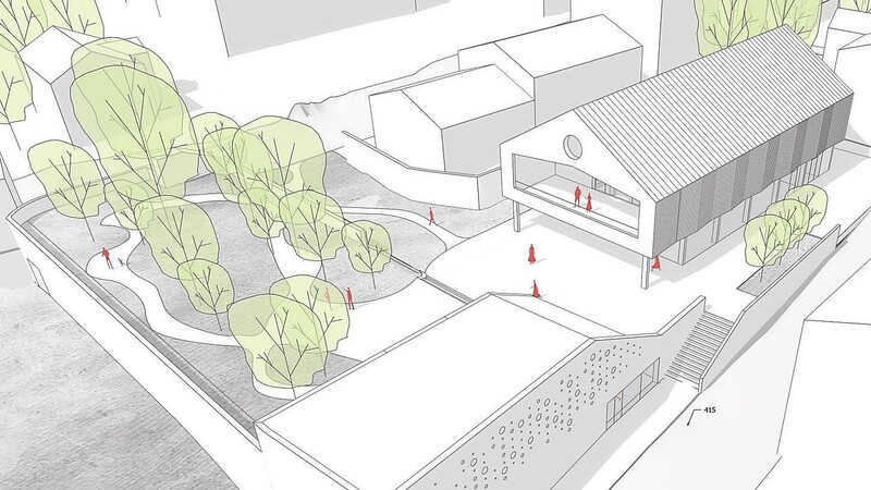 Eine aktuelle Visualisierung für den Parkhaus-Neubau in Bad Kötzting: Im Vordergrund das Zugangsgebäude an der Gehringstraße und der begrünte Dachgarten. Hinten der frei stehende Holzbau, der die neue Stadtbibliothek beherbergen wird.