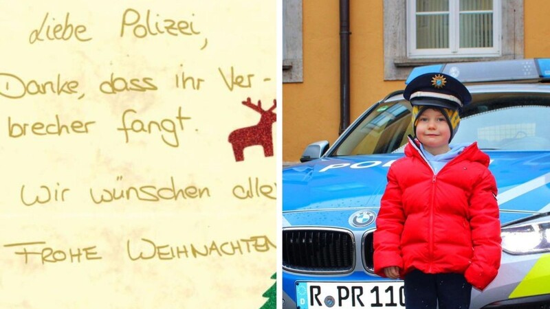 Diesen süßen Brief hat der vierjährige Lucas zusammen mit seiner Schwester Katharina an die Polizeiinspektion Regensburg Süd geschickt (links). Die Polizisten luden ihn anschließend auf die Dienststelle ein (rechts).