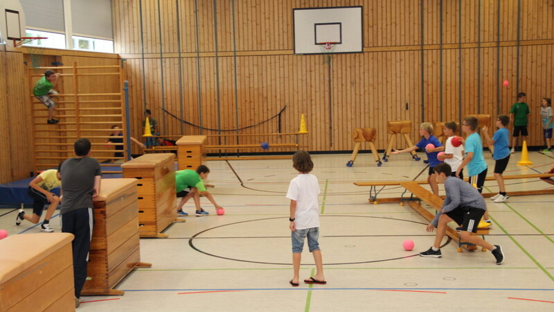 Beim Abschlussspiel im Sportunterricht weichen die Hindernisläufer links den Werfern von rechts aus. (Fotos: Tanja Pfeffer)