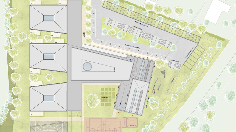 Wie die neue Lebenshilfe-Schule aussehen und ausgestattet sein soll, steht fest. In der Grafik zu sehen sind die verschiedenen Trakte und Außenanlagen in Verlängerung der Härtlstraße (oben).