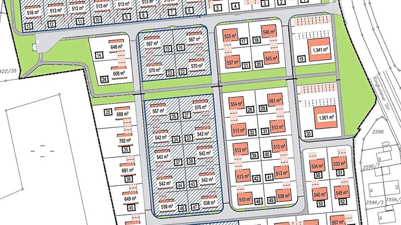 Der Lageplan für den "Frohnauer Weiher" zeigt in den blau schraffierten Flächen die Grundstücke, die im ersten Vergabeschritt verkauft werden sollen.