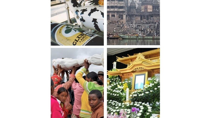 Ghanaische Särge (oben links). Kremationsstätte in Varanasi am Ganges (oben rechts). Umbettung der Ahnen auf Madagaskar (unten links). Eine Buddhistische Beerdigung in Japan (unten rechts).