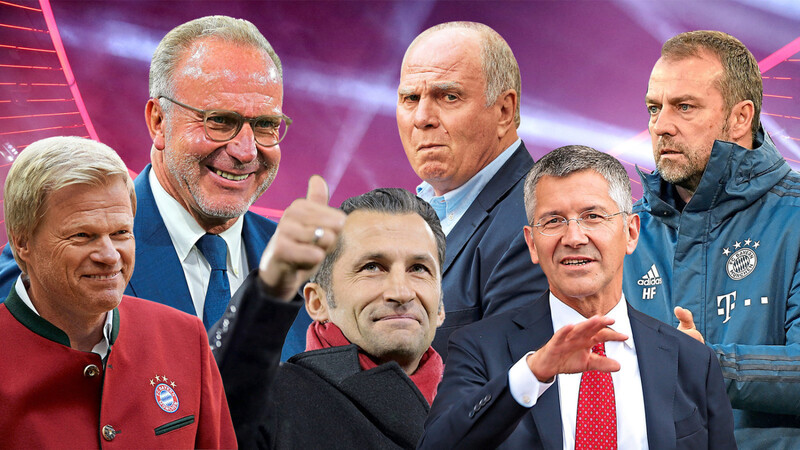 Sie haben beim FC Bayern das Sagen: Oliver Kahn, Karl-Heinz Rummenigge, Hasan Salihamidzic, Uli Hoeneß, Herbert Hainer und Hansi Flick