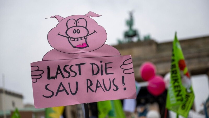Ein Teilnehmer trägt auf der Demonstration vor dem Brandenburger Tor ein Plakat mit der Aufschrift "Lasst die Sau Raus!".