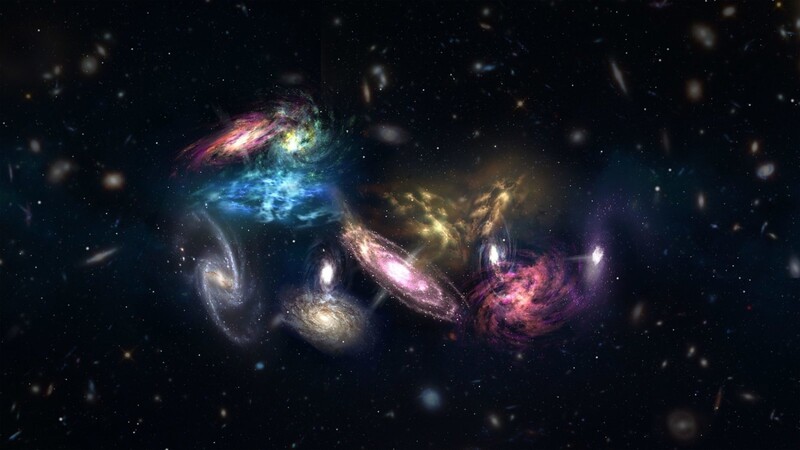 Die undatierte künstlerische Darstellung des Weltraumclusters SPT2349-56 zeigt mehrere miteinander verschmelzende Galaxien. Diese haben Forscher aufgespürt - weit zurück im jungen Universum, als der Kosmos erst zehn Prozent seines heutigen Alters besaß.