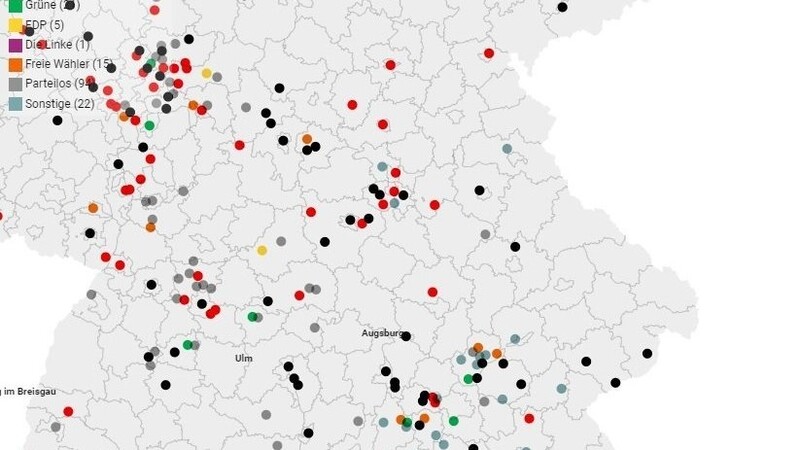 391 deutsche Städte, Gemeinden und Landkreise unterstützen die Initiative nach eigenen Angaben. Ostbayern ist dabei eher noch ein weißer Fleck. Die Punkte symbolisieren verschiedene Parteizugehörigkeit der jeweils regierenden Bürgermeister