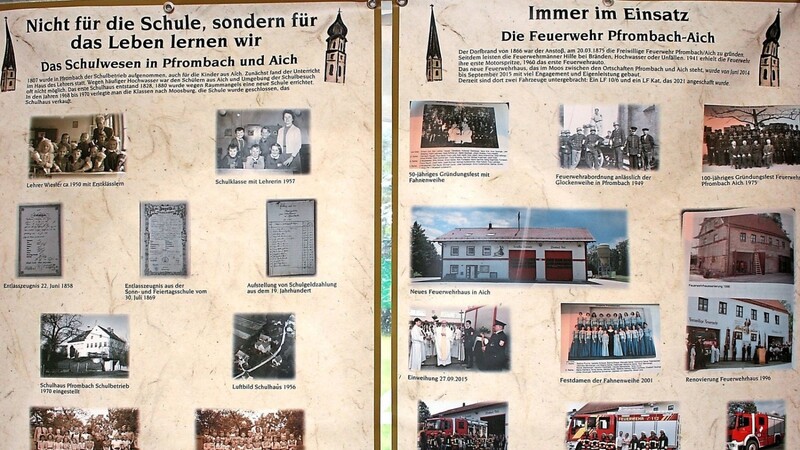 Das Schulwesen in Pfrombach und Aich von einst und die Geschichte der Feuerwehr zeigen Stellwände in einem Nebenzelt.