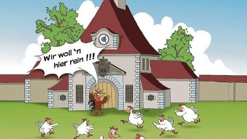 Ausgerechnet in der JVA sollen die glücklichsten Hühner der ganzen Stadt leben. Cartoon: Wolfgang Warmdt