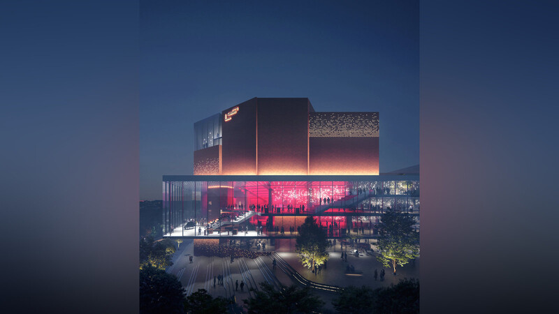 Nach der Planung des Architekturbüros Henn sollte eine gläserne "Kulturbühne" die Philharmonie mit dem Bibliothekstrakt im Hintergrund verbinden.