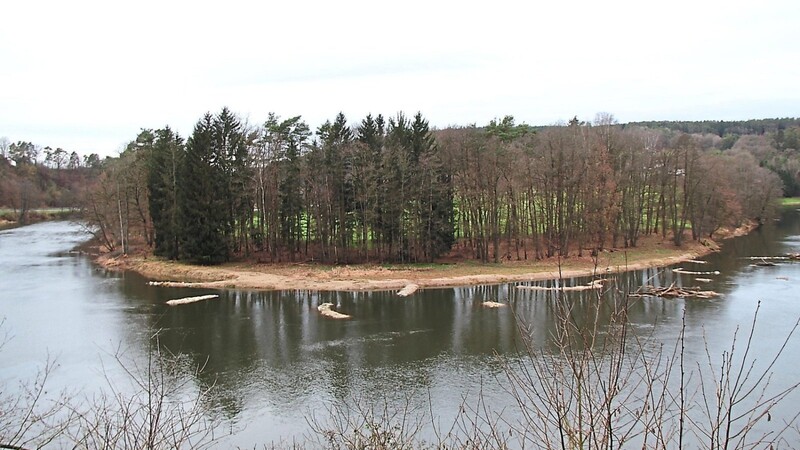 Blick zum Fluss auf Höhe von Burg Regenpeilstein: Mit solchen künstlich angelegten Lenkbahnen wird Einfluss auf die Strömung ausgeübt.