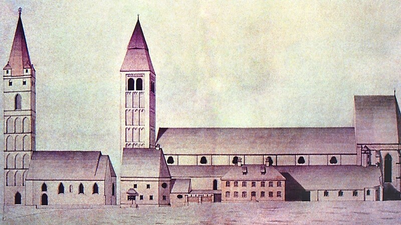 Moosburgs Stadtkirchen im Jahr 1859, St. Kastulus mit Barockfenstern.