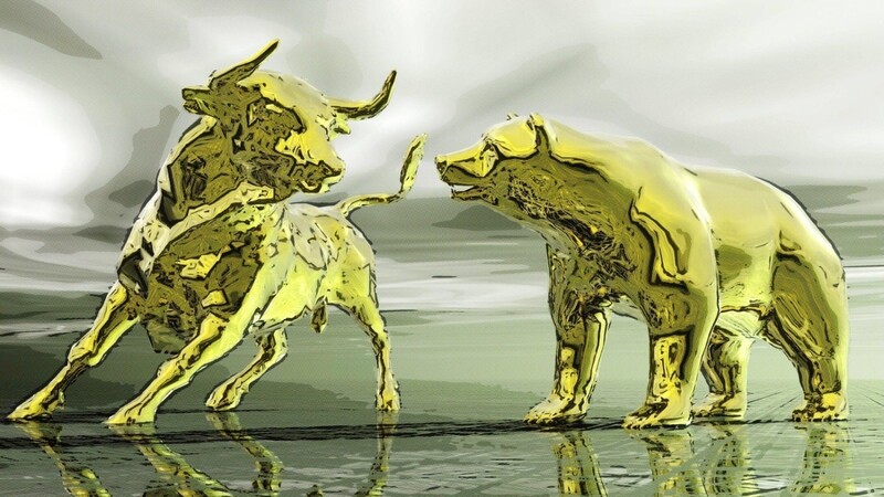 Der Bulle verjagt den Bären: Das heißt, dass an der Börse die Kurse steigen und die Anleger sich freuen.