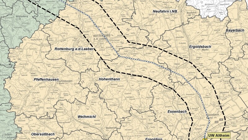 Die Grafik von Tennet zeigt die 220-Kilovolt-Leitung, die zum Umspannwerk in Altheim verläuft. Die neue 380-Kilovolt-Leitung soll in der Nähe verlaufen. Dazu wurde ein "Korridor" festgelegt (schwarze Linie).