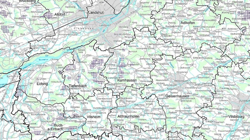 Südlich und westlich von Landshut gibt es, wie die blau schraffierten Bereiche veranschaulichen, eine Reihe von Bentonit-Vorkommen.