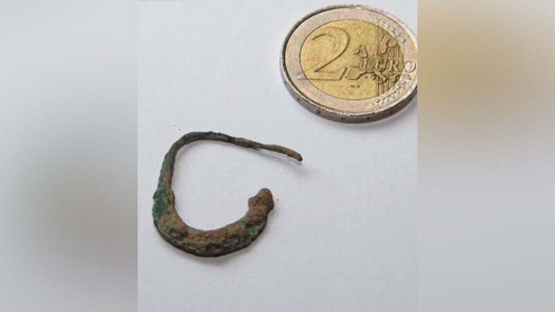 Ein Ohrring wurde bei den Grabungen in Zeholfing gefunden. Noch ist er verkrustet und unrestauriert.