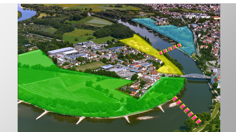 Potenzielle Gebietskulisse einer Landesgartenschau 2030 in einer ersten Überlegung der Stadtplanung mit Gstütt (grün), Vogelauweg (gelb) und Peterswöhrd (blau) sowie zwei Fußgänger-Querungen über die Donau.
