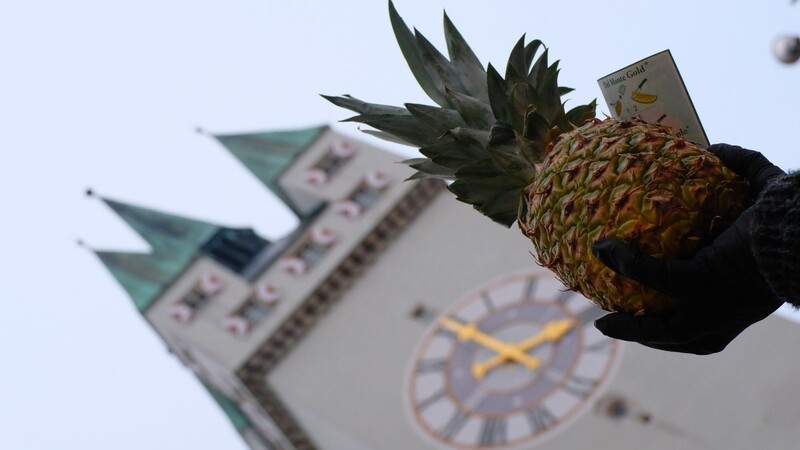 Dank der freundlichen Marktfrau, die Ananas im Angebot hat, erkennt man, dass die Spitzen dieser Frucht Vergleiche mit den Stadtturmspitzen zulassen.