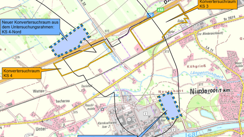 Neben den Standorten 3 und 4 (zwischen Autobahn und Bahnlinie mit gelbem Rahmen), sollen Standort 4 Nord und Standort 2 (war schon einmal aus dem Rennen) untersucht werden.