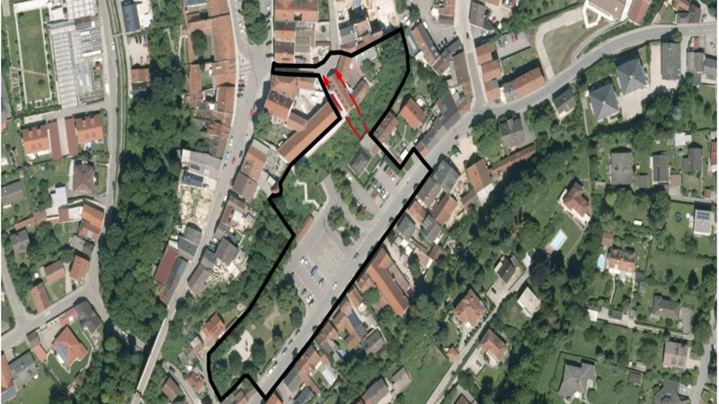 Das Wettbewerbsgebiet (schwarz umrandet) umfasst den Herrenweiher, den Steinweg, Teile der Oberen Stadt und den angrenzenden Stadtraum.