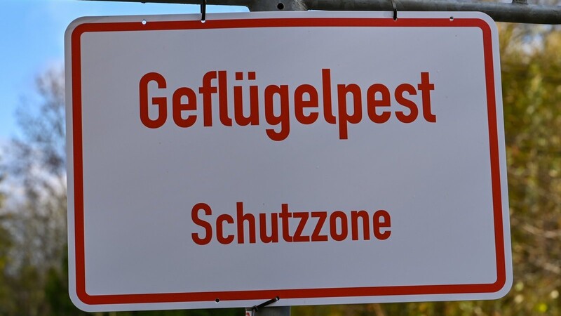 Ein Schild mit der Aufschrift "Geflügelpest Schutzzone".