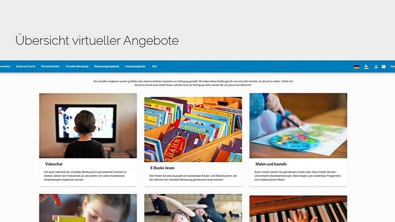 Ein Screenshot aus virtualnanny.de zeigt, welche Beschäftigungsangebote das Portal für Kinder bereit hält.