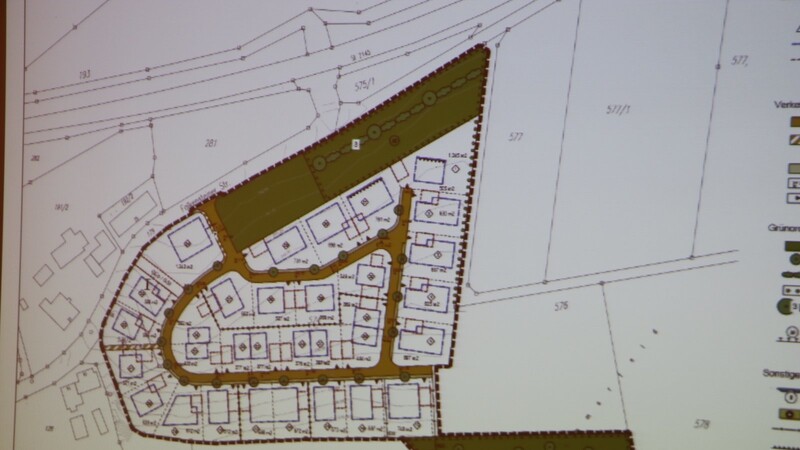 Das Bild zeigt das geplante Baugebiet Sulzbach Ost in seiner ursprünglichen Variante von 2019. Oben links (grün) ist ein bepflanzter Lärmschutzwall geplant, in den auch ein Spielplatz integriert werden könnte. Rechts soll das Baugebiet mittels eines mehrreihig bepflanzten Grünstreifens nach Osten abgerundet werden.