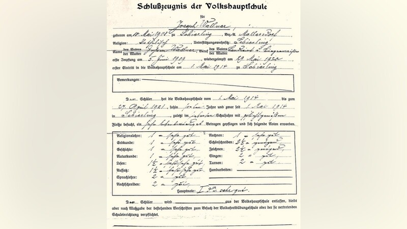 Josef Wallner wurde 1921 aus der "Volkshauptschule" in die "Volksfortbildungsschule" entlassen, und bekam von Lehrer Ludwig Seywald ein insgesamt gutes Zeugnis ausgestellt.
