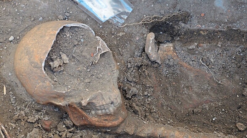 Etliche Knochen des Skeletts eines ursprünglich in einem Sarg bestatteten männlichen Erwachsenen wurden bereits professionell entnommen.