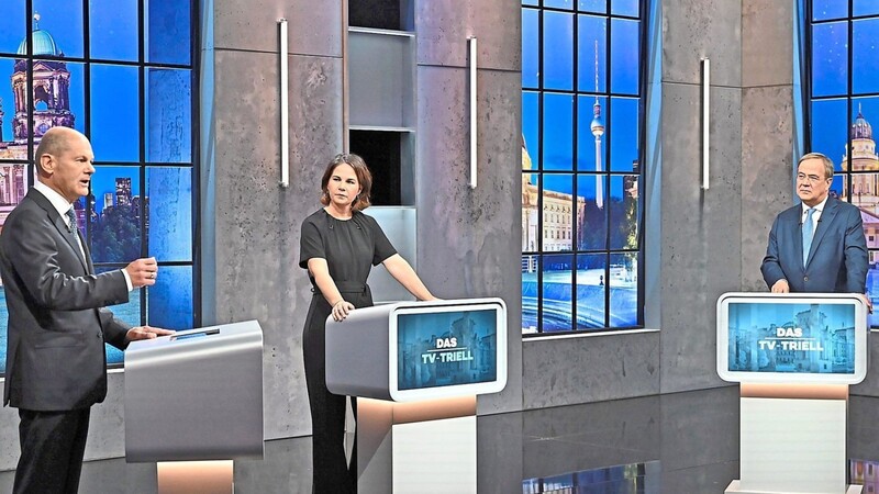 Im Wahlkampf standen die drei Spitzenkandidaten Olaf Scholz (l.) von der SPD, Annalena Baerbock von den Grünen und Armin Laschet von der CDU bei mehreren TV-Triells Rede und Antwort.