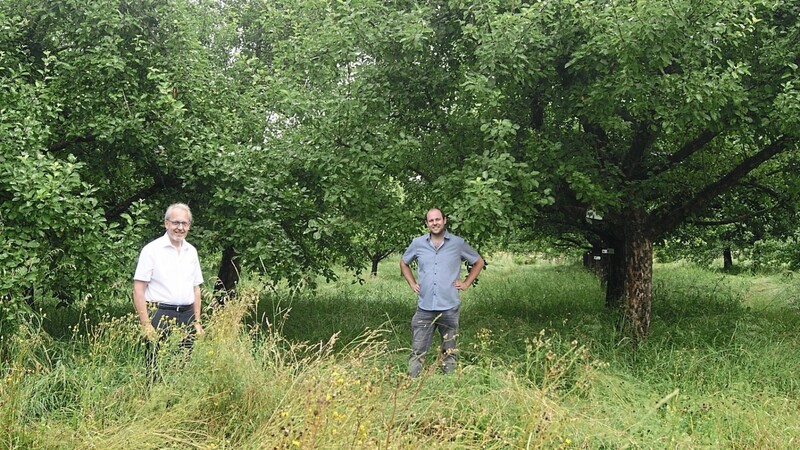 Landschaftspflegeverbands-Vorsitzender Matthias Zarte (r.) und Bürgermeister Albin Dietrich tauschten sich bei der Niederalteicher Streuobstwiese am Ortsrand aus.