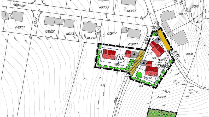 Auf drei Grundstücken (rot markiert) soll durch die Aufstellung des Bebauungs- und Grünordnungsplans "Hügelstraße" in Sandelzhausen Baurecht geschaffen werden. Schwierig ist die Frage der Ableitung des Regenwassers in diesem Bereich.