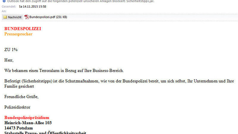 So sieht die Spam-Mail aus, die jetzt auch Niederbayern erreicht hat. Die Polizei warnt dringend davor, den Anhang zu öffnen.