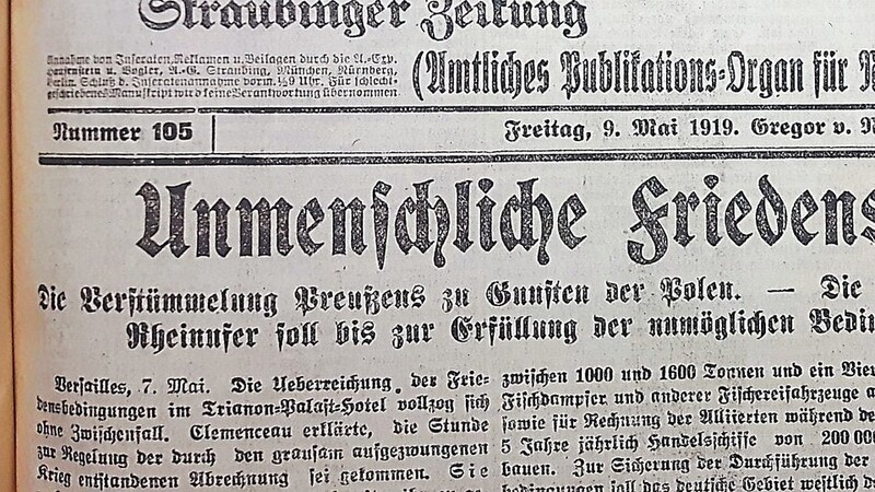Die Verhandlungen mit den Siegermächten des Ersten Weltkriegs laufen. Deutschland stöhnt unter den Forderungen, wie die Titelzeile "Unmenschliche Friedensbedingungen" zeigt.
