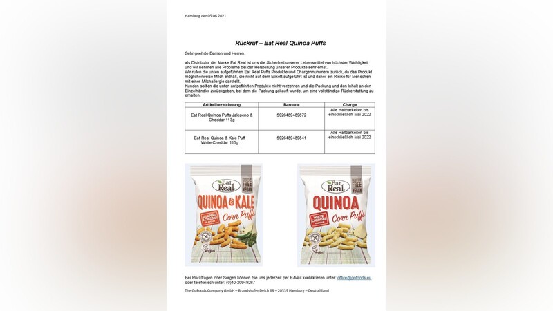 Die GoFoods Company ruft die Artikel "Eat Real Quinoa & Kale Corn Puffs Jalapeno & Cheddar" und "Eat Real Quinoa Corn Puffs White Cheddar" zurück.