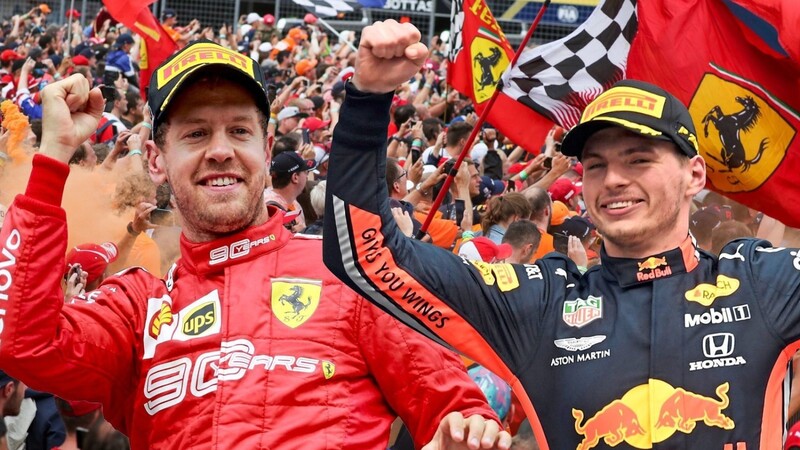 Begeistern die Fans in Hockenheim: Sieger Max Verstappen (rechts), der von vielen niederländischen Fans unterstützt wurde, und Lokalmatador Sebastian Vettel.