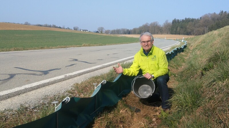 Franz Meindl vom Bund Naturschutz findet derzeit nur leere Sammeleimer am Krötenzaun Rappach.