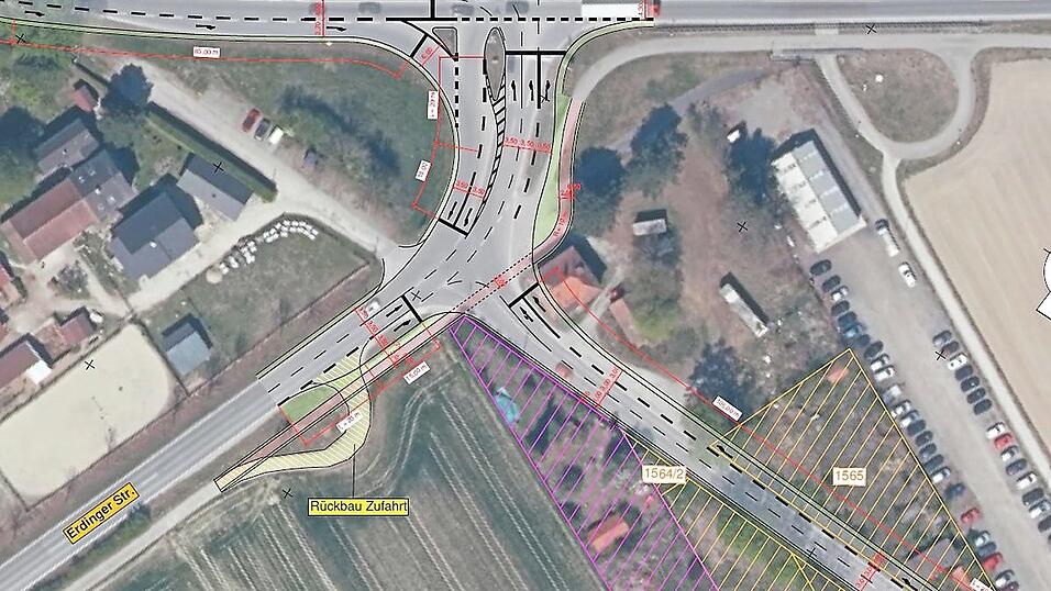 Ein Ausschnitt des Plans zum Umbau der B&uuml;chl-Kreuzung mit jenen Bereichen, in denen die Stra&szlig;enf&uuml;hrung ver&auml;ndert werden soll.
