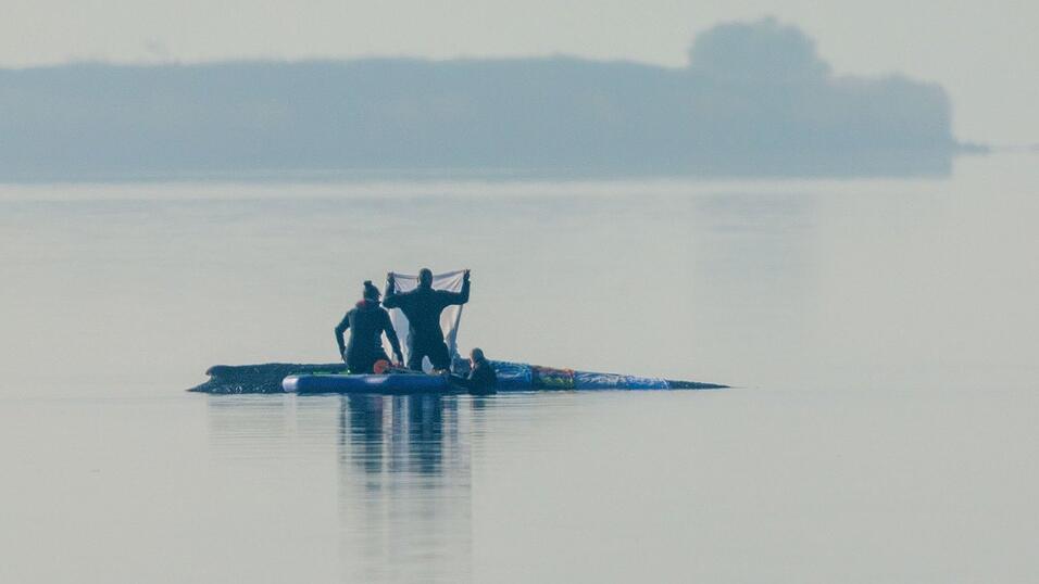 Retter sind am Morgen in der N&auml;he des Buckelwal vor der Insel Poel und legen T&uuml;cher auf dem Walr&uuml;cken aus.