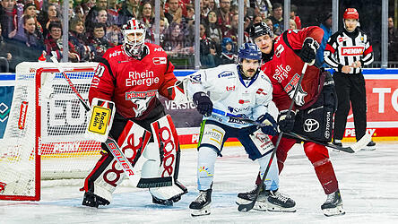 Skyler McKenzie (wei&szlig;es Trikot) gibt in dieser Szene sein Bestes, um Unruhe vor Felix Br&uuml;ckmann zu stiften. Zu h&auml;ufig schafften es die Tigers aber nicht, vor dem starken Haie-Keeper f&uuml;r Verkehr zu sorgen.