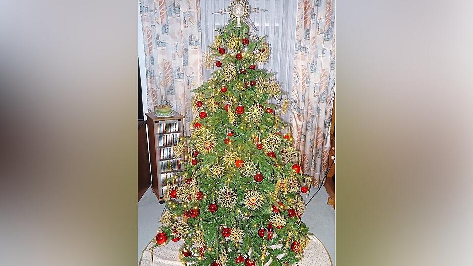 Am Christbaum der Familie Purrmann h&auml;ngen 100 geh&auml;kelte Sterne und rote Kugeln.