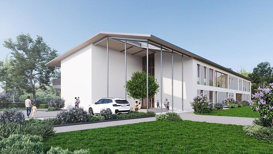 Die R&uuml;ckseite. Vor dem Haupteingang zur Kita soll ein Baum gepflanzt werden. (Visualisierung)