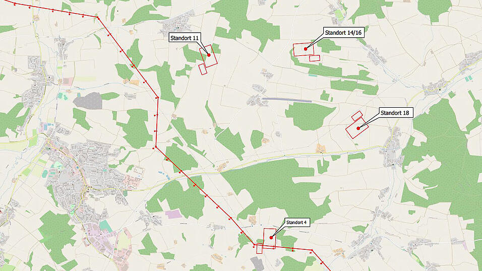 Die rote Linie zeigt die neue Trasse der 380-kV-Leitung. Standort 4 f&uuml;r das Umspannwerk ist Favorit.