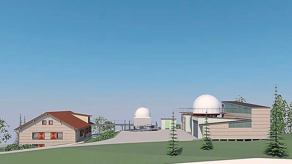 So soll die Sternwarte einmal aussehen: Ansicht von Osten mit den beiden barrierefreien Aufgängen, rechts aus Holz zur großen Kuppel, in der Bildmitte Aufgänge aus Stahl zur kleinen Kuppel mit dem kleineren Teleskop und zum Vortragsraum im Dachgeschoß. So soll die Sternwarte einmal aussehen: Ansicht von Osten mit den beiden barrierefreien Aufgängen, rechts aus Holz zur großen Kuppel, in der Bildmitte Aufgänge aus Stahl zur kleinen Kuppel mit dem kleineren Teleskop und zum Vortragsraum im Dachgeschoß.