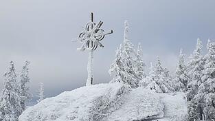 Die gef&uuml;hrten Gruppen wollen auf dem Zwercheck auch das Kreuz sehen. Bei guter Sicht fesselt eine Weile der Blick auf die gegen&uuml;berliegende Gebirgskette mit dem Arber.