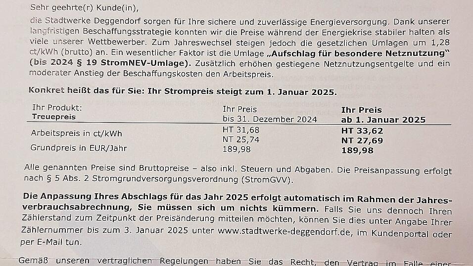 Vielen Stadtwerke-Kunden bekommen dieser Tage Post, in denen die Preisanpassung ab Januar 2025 angekündigt und erklärt wird. Vielen Stadtwerke-Kunden bekommen dieser Tage Post, in denen die Preisanpassung ab Januar 2025 angekündigt und erklärt wird.
