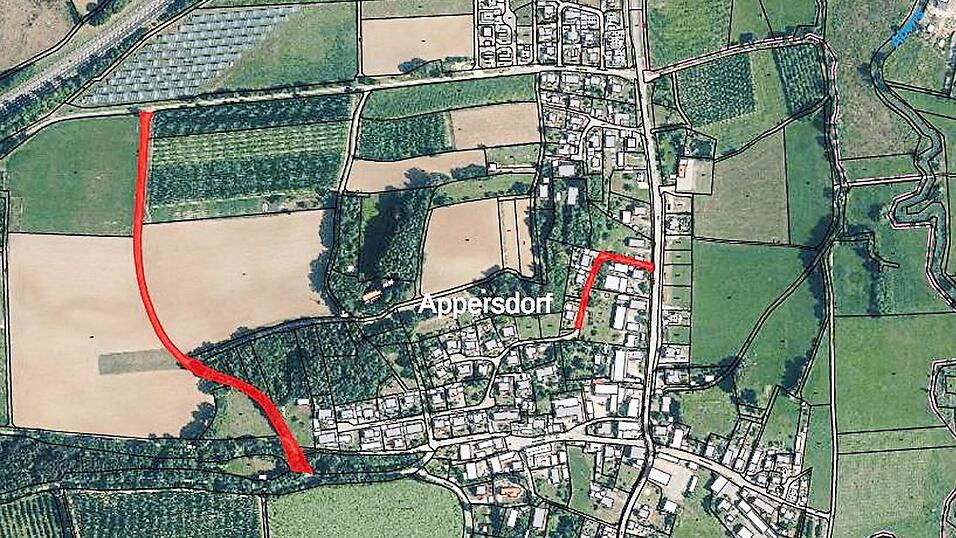 Noch in dieser Woche beginnen die Bauarbeiten am Wirtschaftsweg 'Mari&auml; Br&uuml;nnl' westlich von Appersdorf, ebenso im Buchenweg (beide Abschnitte rot markiert).